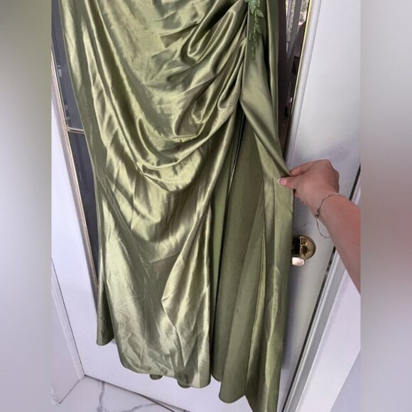 Olive Green Prom Evening Gown Beaded Corset Satin Dress Side Slit - Picture 7 of 9